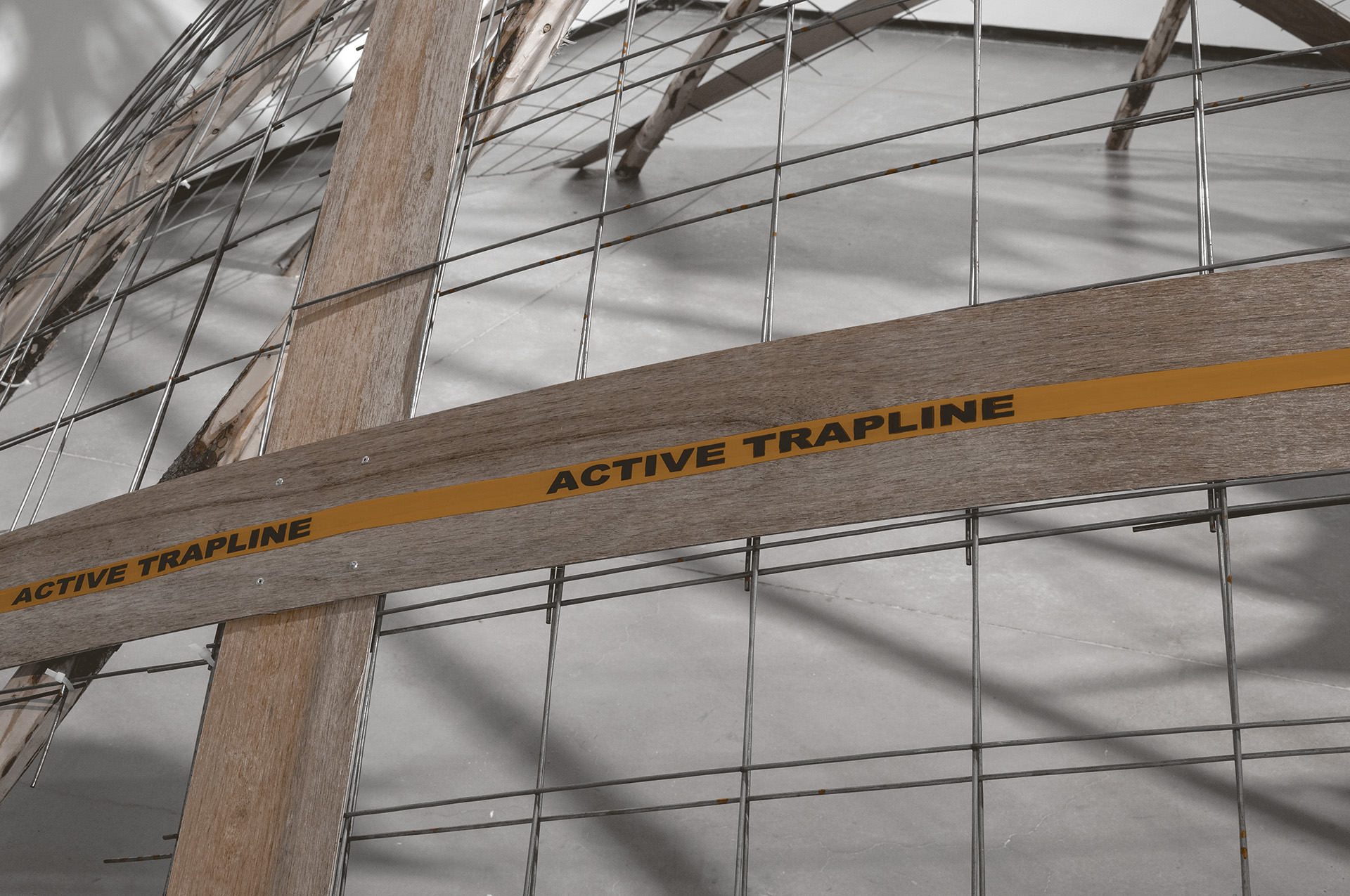 Sepia detail of a wire mesh structure with wooden crossbeams with a band of “Active trapline” text