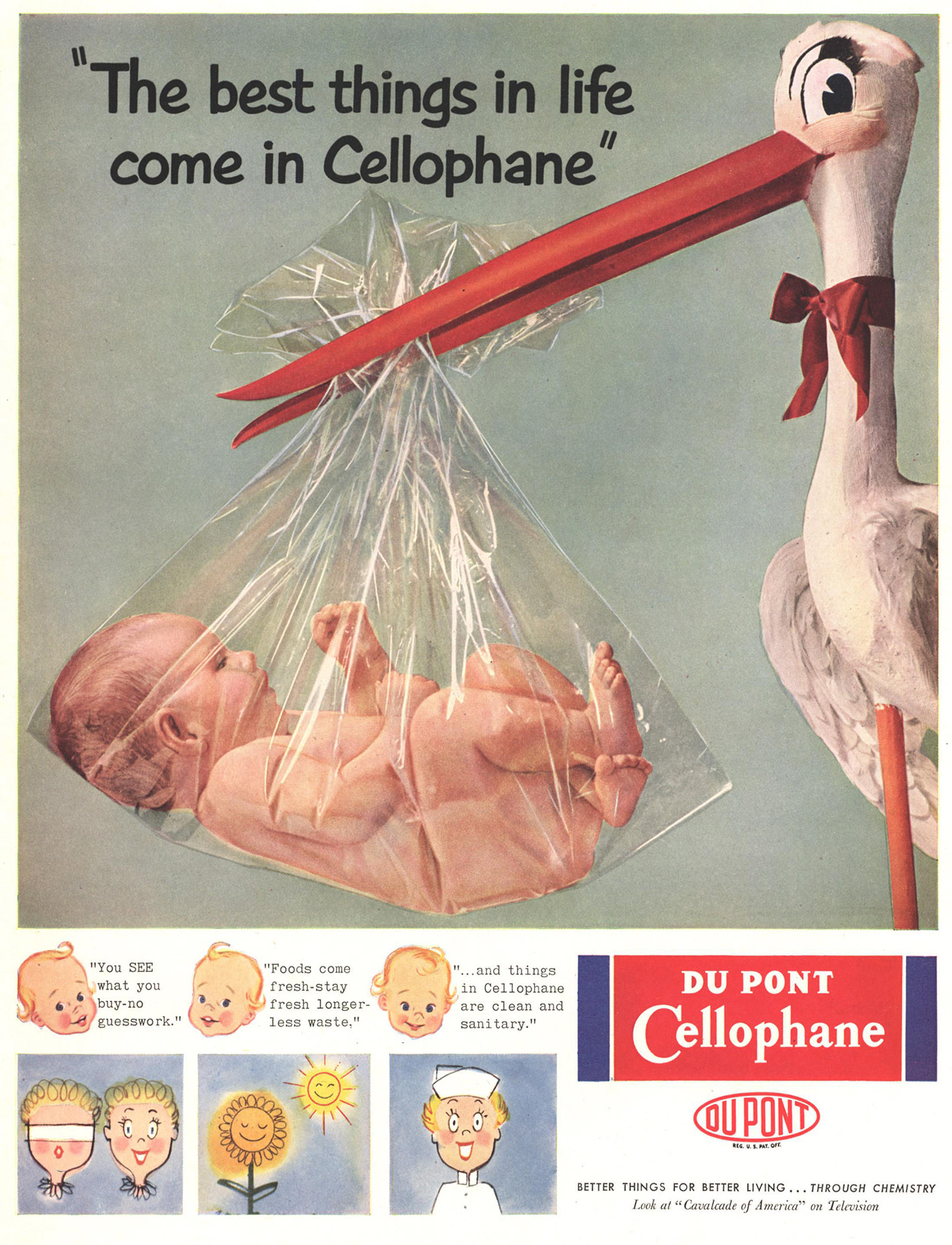 Vintage DuPont Cellophane ad with a stork holding a baby wrapped in cellophane from its beak